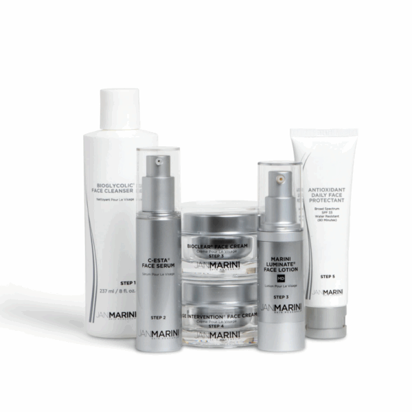 Image of all 6 products of jan marini skin care mangement system 6 steps for dry and very dry skin