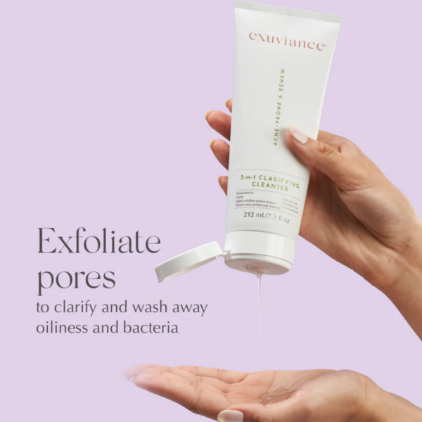 Image explaining the benefits of exuviance 3 in 1 clarifying cleanser