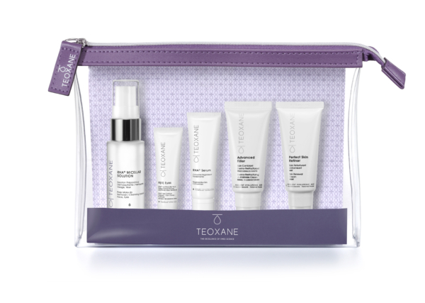 Teoxane Advanced Filler Dry Skin 50ml placed in a premium skincare kit, surrounded by complementary dermocosmetic products, highlighting its role in anti-aging and deep hydration.