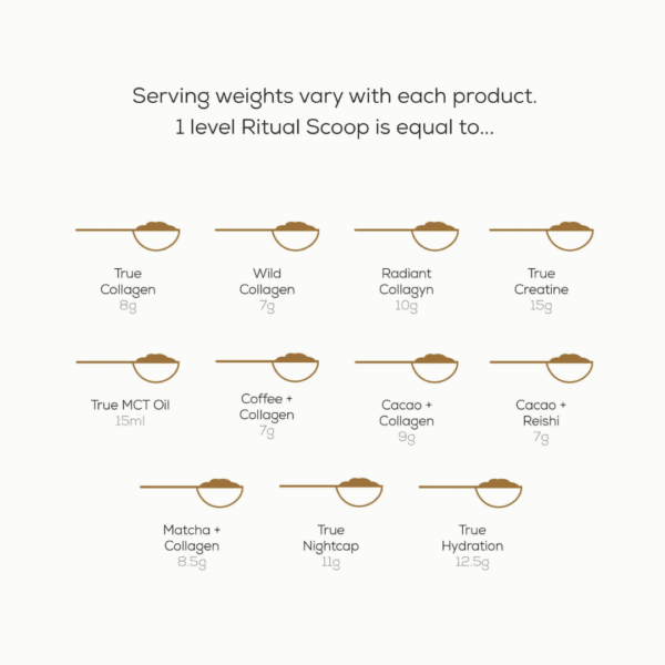 Ancient and Brave Ritual Scoop shown with measured portions of different supplements to illustrate serving sizes