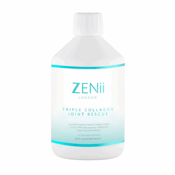 Zenii Triple Collagen Joint Rescue 500ml bottle with silver cap, formulated to support joint health, flexibility, and collagen renewal