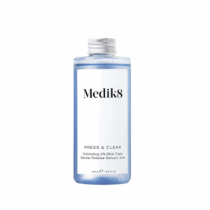 Medik8 Press & Clear Refill 150ml exfoliating toner bottle with teal label for blemish-prone, sensitive skin