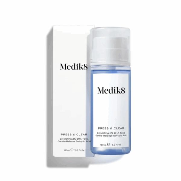 Medik8 Press & Clear Refill 150ml exfoliating tonic with salicylic acid in hygienic pump bottle for blemish-prone skin