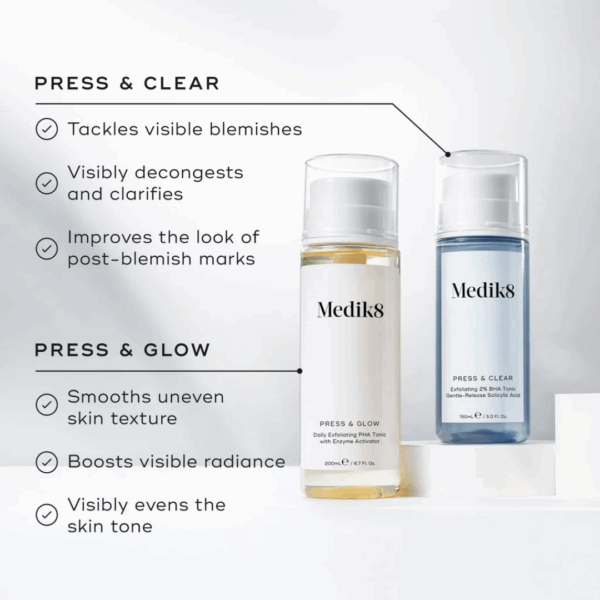 Key benefits of Medik8 Press & Clear Refill 150ml including clearer skin, reduced breakouts, refined pores, and gentle exfoliation for daily use