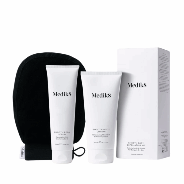 Medik8 Smooth Body Exfoliating Kit with full-size body scrub, mitt, and lotion for rough, bumpy skin