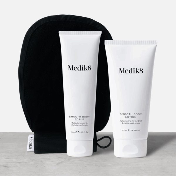 Medik8 Smooth Body Exfoliating Kit with scrub tube, body lotion, and exfoliating glove displayed together