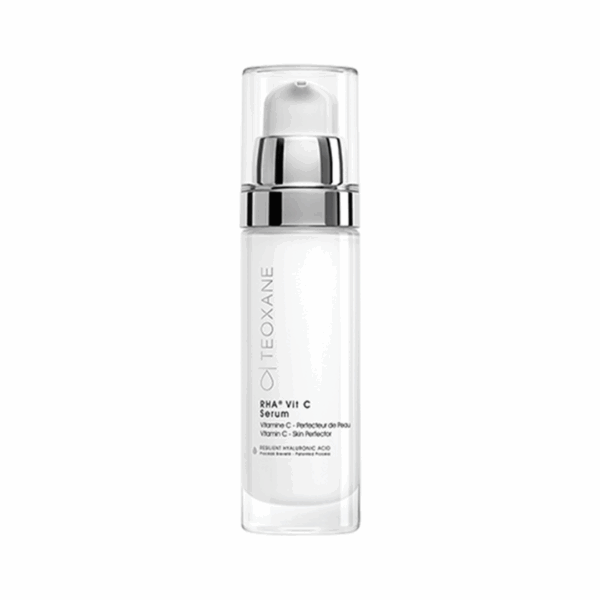 Teoxane RHA Vit C Serum 30ml sleek bottle with white and silver design, formulated to brighten and protect the skin