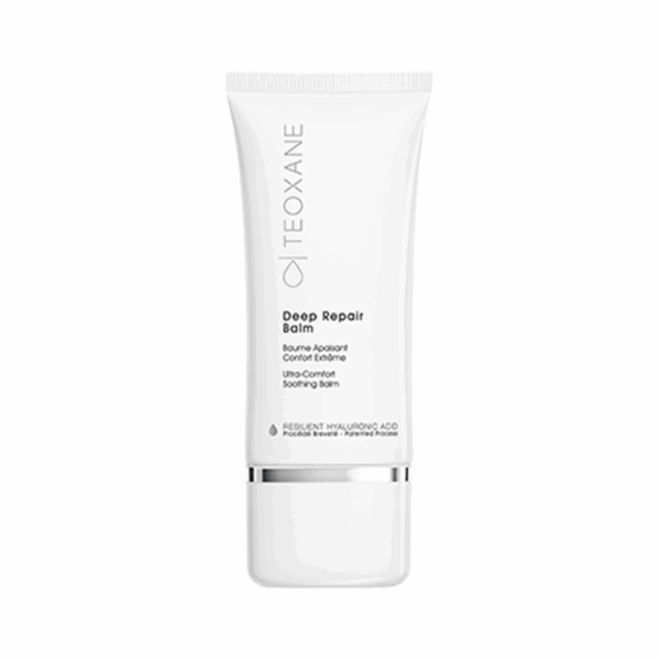 Teoxane Deep Repair Balm 30ml in sleek white tube with silver cap, standing on a clean, minimal background.