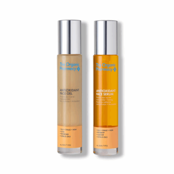 The Organic Pharmacy Antioxidant Duo 2x35ml bottles featuring antioxidant-rich formulas for skin protection and nourishment