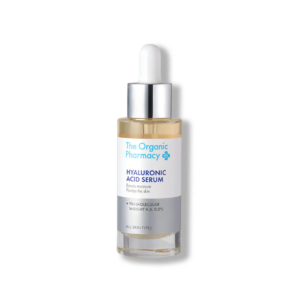 The Organic Pharmacy Hyaluronic Acid Serum 30ml clear glass bottle with dropper, designed for intense skin hydration