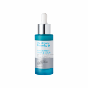 The Organic Pharmacy Niacinamide Ultra 5 Serum 30ml in a sleek glass bottle with dropper, formulated to minimise pores, balance oil, and even skin tone