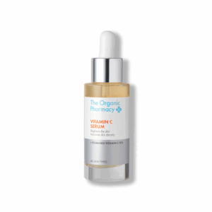 The Organic Pharmacy Vitamin C Serum 30ml – Brightening and anti-ageing face serum in a clear glass bottle with pump dispenser