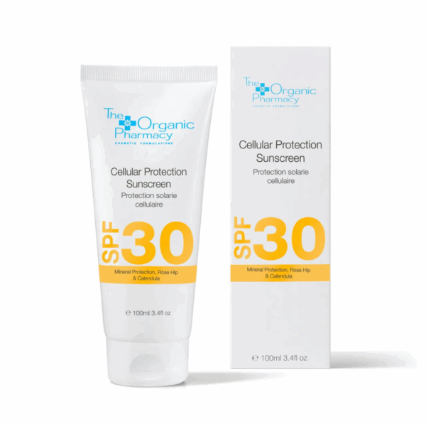 The Organic Pharmacy Cellular Protection Sunscreen 100ml with packaging – high-protection mineral SPF for sun defence and skin nourishment