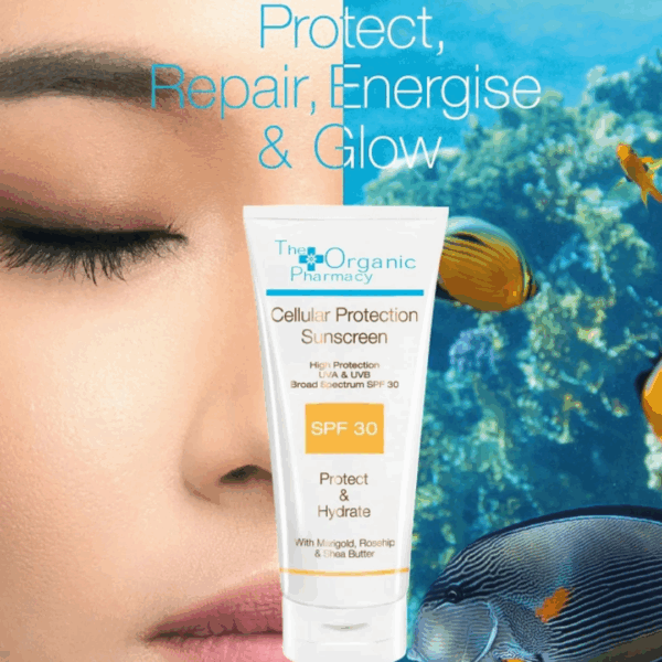 Aesthetic image of The Organic Pharmacy Cellular Protection Sunscreen 100ml, a high-performance SPF formula that shields skin from UVA/UVB damage while nourishing with botanicals