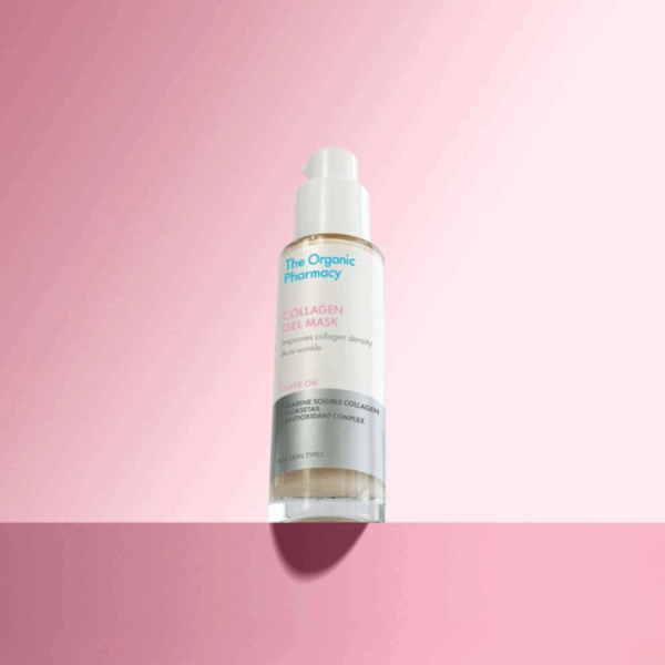 The Organic Pharmacy Collagen Gel Mask 50ml on a pink background, highlighting its firming and plumping benefits for youthful skin