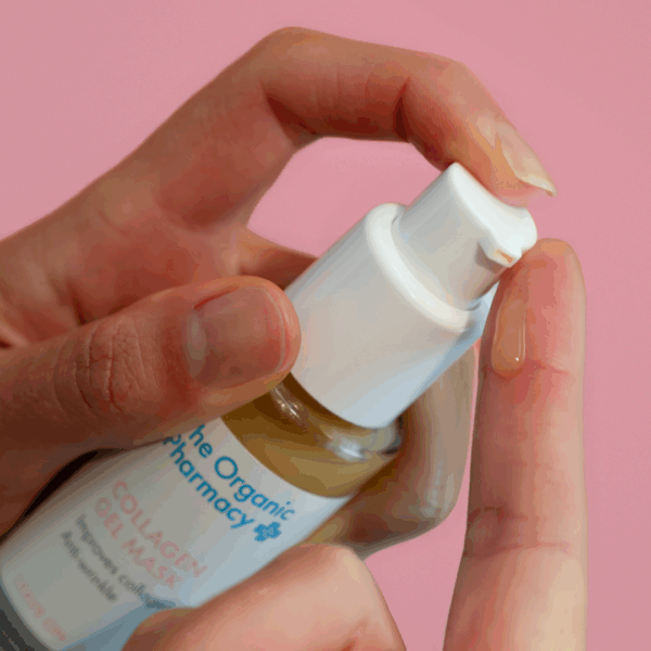 Applying The Organic Pharmacy Collagen Gel Mask 50ml to hand – hydrating and firming texture visibly plumps and smooths skin