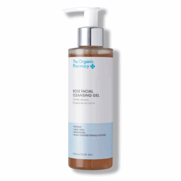 The Organic Pharmacy Rose Facial Cleansing Gel 200ml – gentle gel cleanser that removes impurities while soothing and hydrating the skin