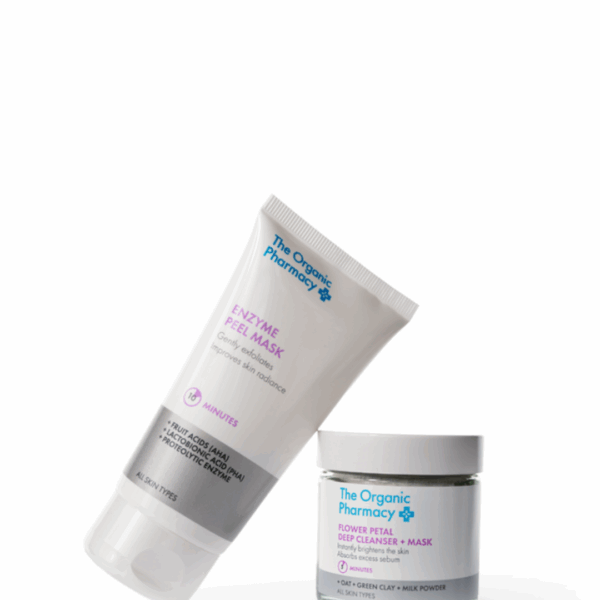 The Organic Pharmacy Enzyme Peel Mask 60ml paired with a complementary skincare product, designed to gently exfoliate and brighten the skin using natural fruit enzymes