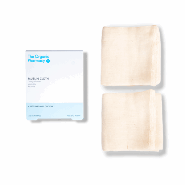 The Organic Pharmacy Muslin Cloth – 2-piece set shown with packaging, designed for gentle exfoliation and effective removal of cleansers and masks