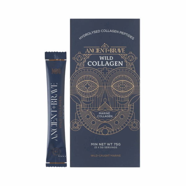 Ancient and Brave Wild Collagen Sachets x 30 in main product packaging, formulated to support skin elasticity, joint health, and overall vitality