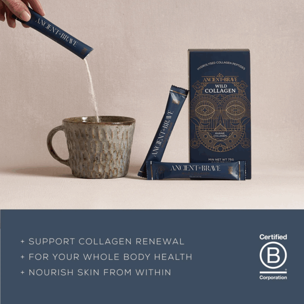 Ancient and Brave Wild Collagen Sachets x 30 highlighting key benefits such as supporting skin elasticity, joint health, and overall vitality with sustainably sourced collagen peptides