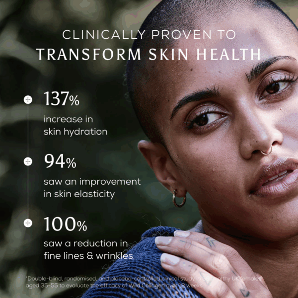 Ancient and Brave Wild Collagen Sachets x 30 image highlighting clinically proven results for improved skin elasticity, joint health, and overall vitality