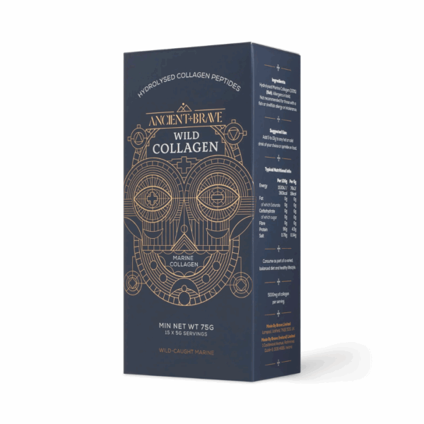 Ancient and Brave Wild Collagen Sachets x 30 in product box, formulated to support skin elasticity, joint health, and overall vitality
