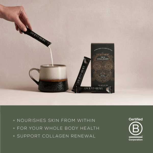 Ancient and Brave True Collagen Sachets x 30 with highlighted key benefits, supporting skin elasticity, joint health, and overall vitality