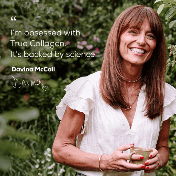 Smiling woman endorsing Ancient and Brave True Collagen Sachets x30, highlighting its science-backed formula