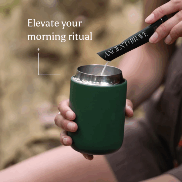 Ancient and Brave True Collagen Sachets x30 displayed with a morning ritual setup including a cup of tea and natural light, promoting daily wellness