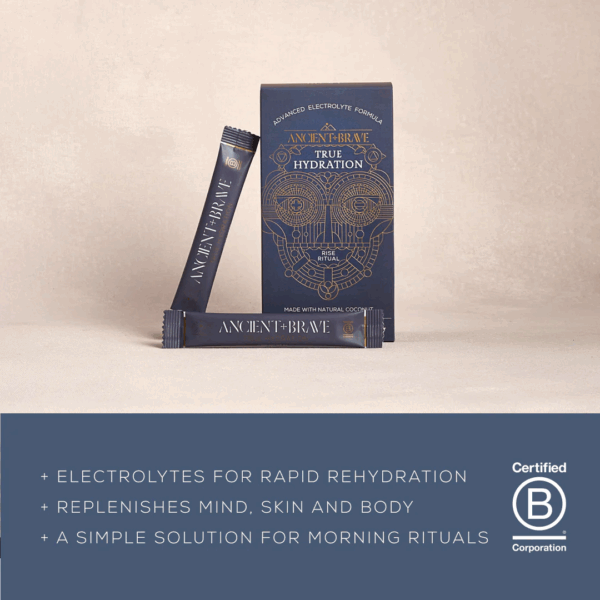 Key benefits of Ancient and Brave True Hydration Sachets x30 highlighting skin hydration, improved elasticity, and antioxidant support