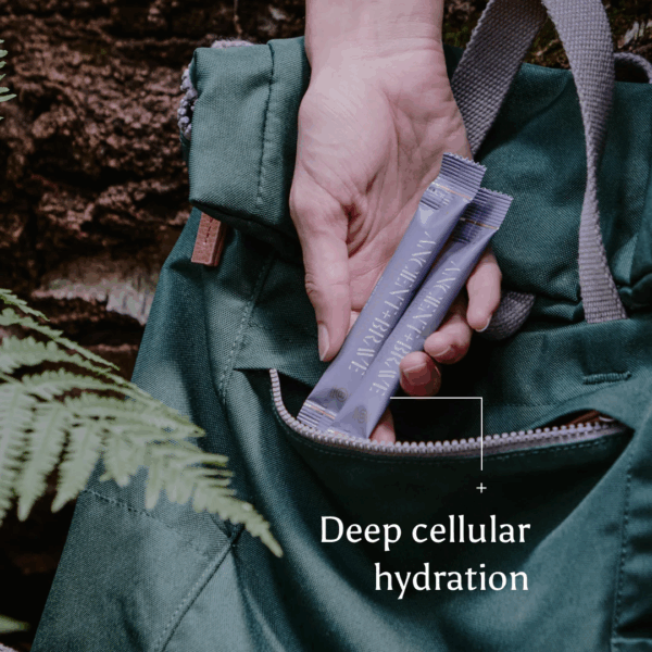 Lifestyle image of Ancient and Brave True Hydration Sachets x30 arranged on a natural surface with greenery, reflecting daily hydration and wellness