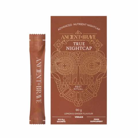 Ancient and Brave True Nightcap Sachets x30 box containing herbal supplement sachets designed to support restful sleep and relaxation
