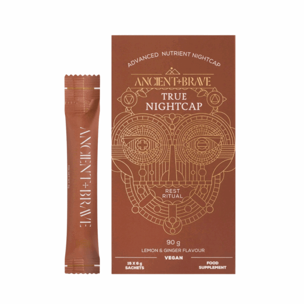 Ancient and Brave True Nightcap Sachets x30 box containing herbal supplement sachets designed to support restful sleep and relaxation