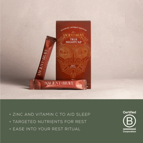 Key benefits of Ancient and Brave True Nightcap Sachets x30 displayed, highlighting restful sleep support and relaxation properties