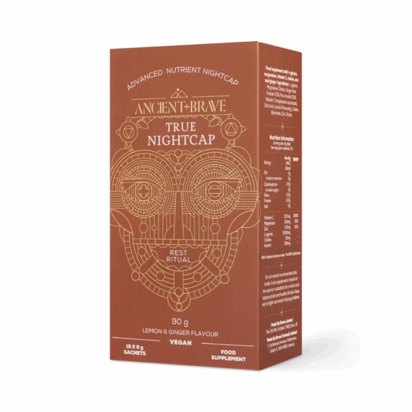 Ancient and Brave True Nightcap Sachets x30 box packaging, designed to support restful sleep and overnight skin repair