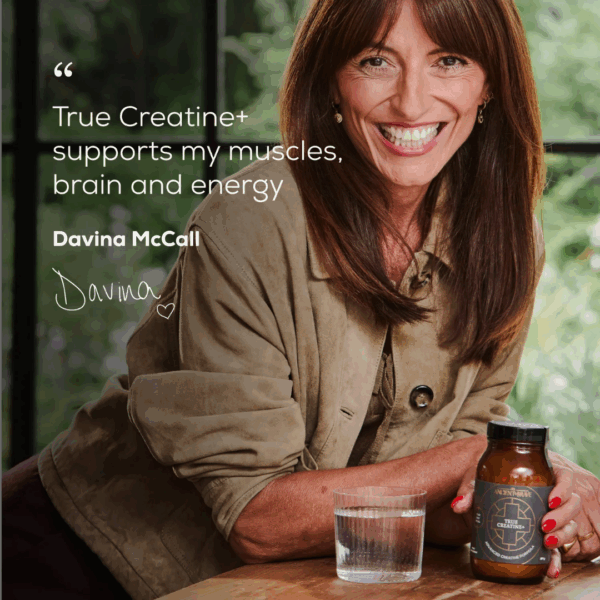 Smiling woman expressing positive feedback about Ancient and Brave True Creatine Sachets 15 x 6g, showcasing satisfaction with the product