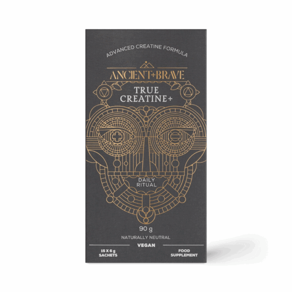 Ancient and Brave True Creatine Sachets 15 x 6g box packaging, formulated to support strength, endurance, and muscle recovery