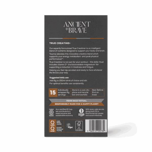 Backside of Ancient and Brave True Creatine Sachets 15 x 6g package showing nutritional information and usage instructions