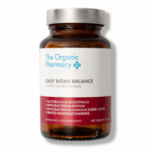 The Organic Pharmacy Daily Biome Balance 60 Capsules bottle, formulated to support gut health, digestion, and overall wellness