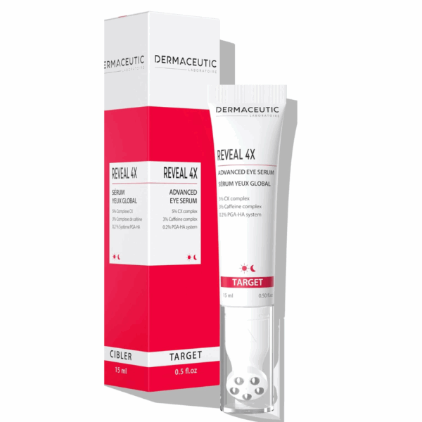 Dermaceutic Reveal 4x Advanced Eye Serum 15ml bottle displayed alongside its packaging box.