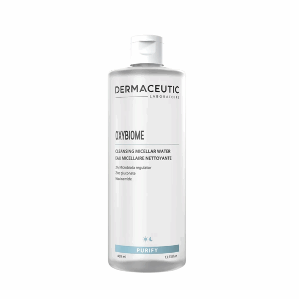 Dermaceutic Oxybiome Micellar Water 400ml clear bottle with gentle cleansing formula designed to remove makeup and impurities while soothing the skin.