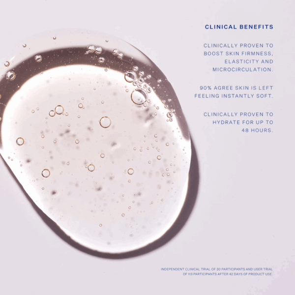 Close-up of Joonbyrd Daydreamer Firming Body Serum 100ml texture, highlighting clinically proven benefits for skin firmness and elasticity.