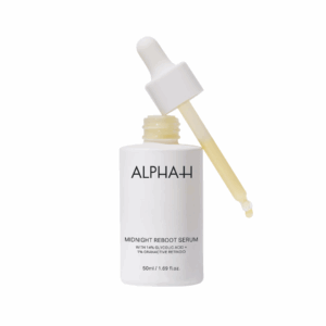Alpha H Midnight Reboot Serum 50ml bottle designed to renew, brighten, and revitalise skin overnight.