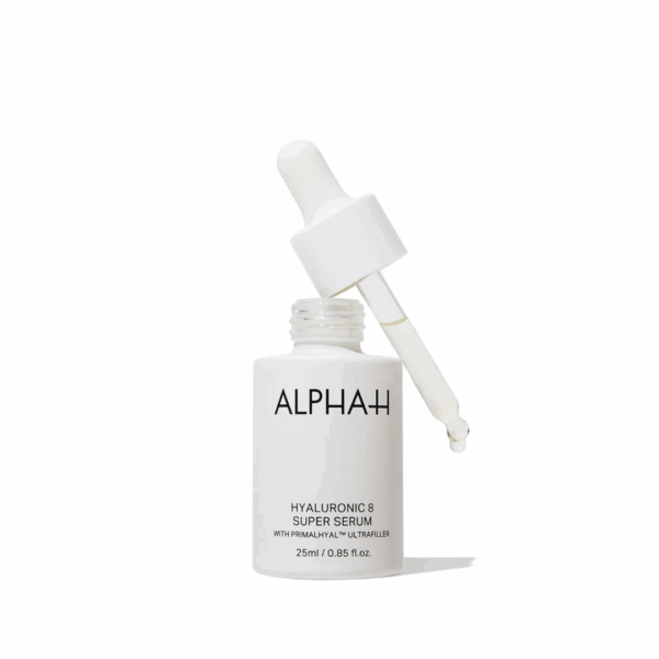 Alpha-H Hyaluronic 8 Super Serum 25ml in clear glass bottle with dropper.