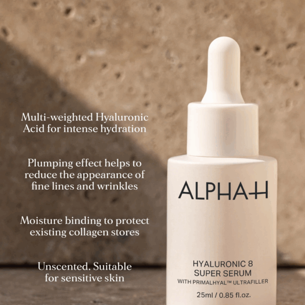 Alpha-H Hyaluronic 8 Super Serum 25ml showing key skincare benefits such as intense hydration, wrinkle reduction, and radiant skin.