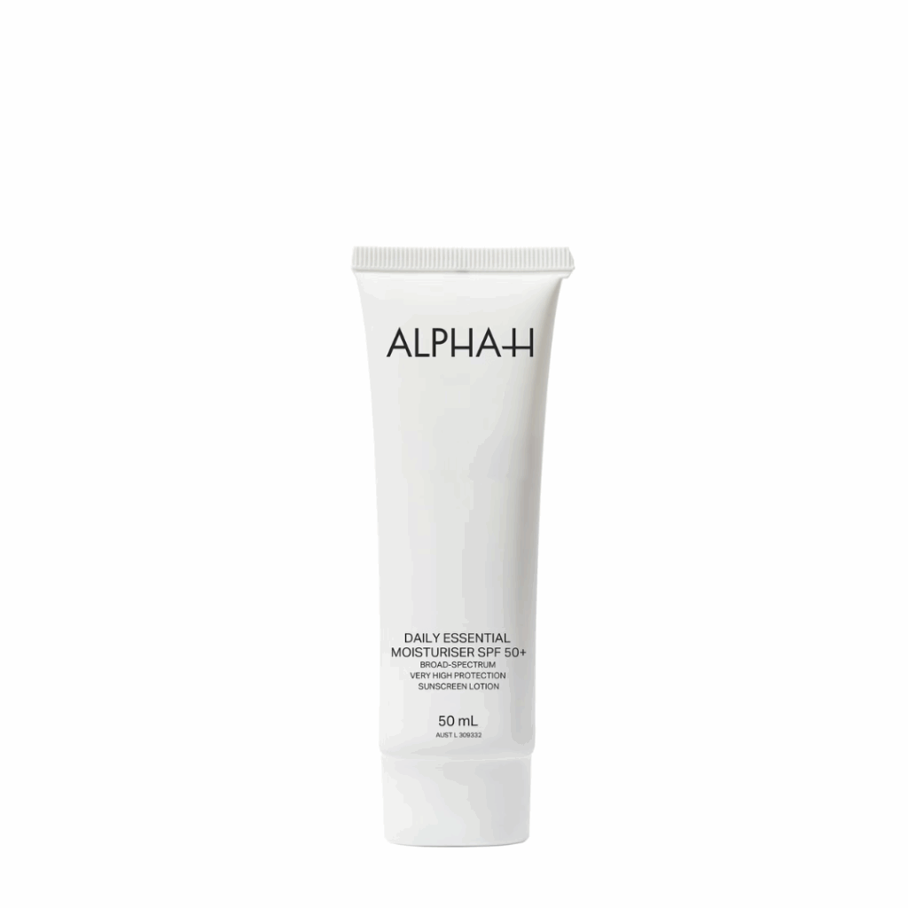 Alpha H Daily Essential Moisturiser SPF 50 tube, designed to provide daily hydration and broad-spectrum sun protection.
