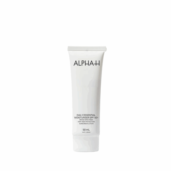 Alpha-H Daily Essential Moisturiser SPF 50 sleek white tube with sun protection skincare formula.