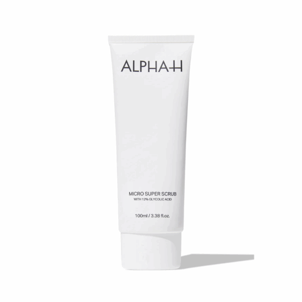 Alpha H Micro Cleanse Super Scrub 100ml tube designed to exfoliate and deeply cleanse skin, removing impurities and dead skin cells.