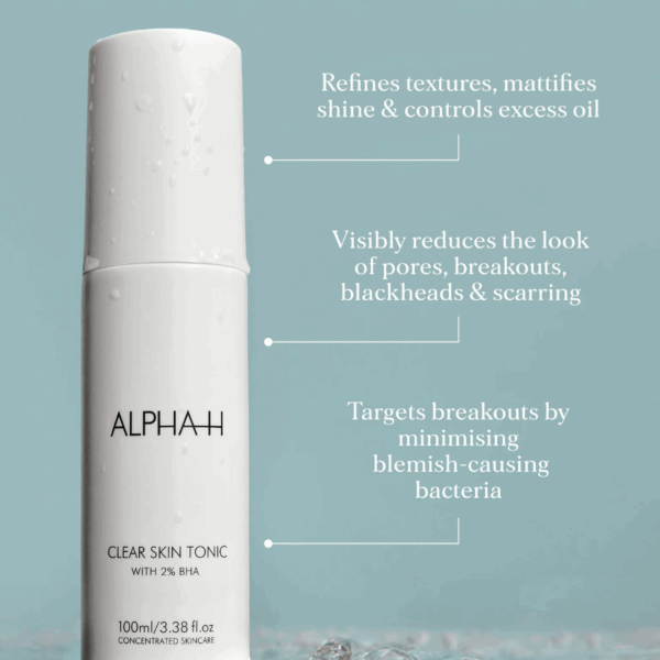 Alpha H Clear Skin Tonic 100ml bottle with highlighted key benefits.
